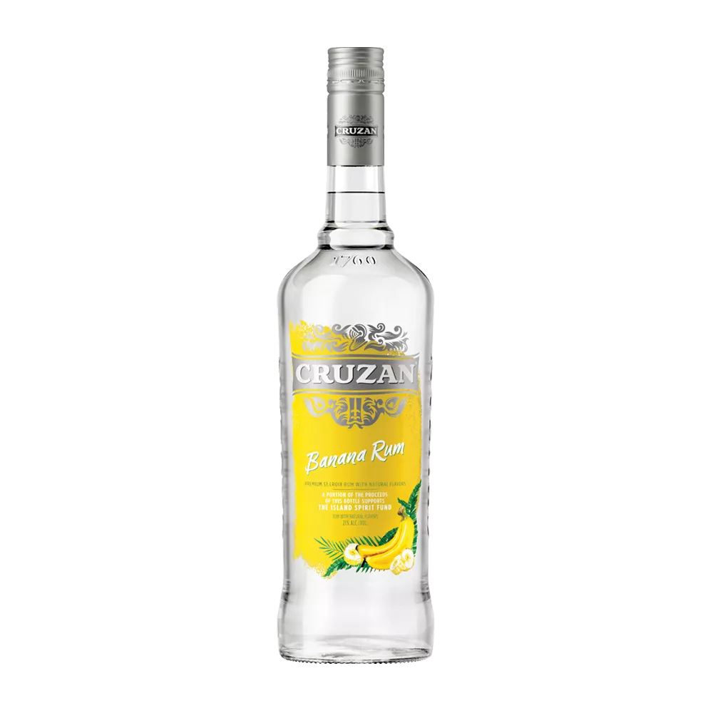 Cruzan Banana Rum clear glass bottle with a yellow label adorned with bananas.