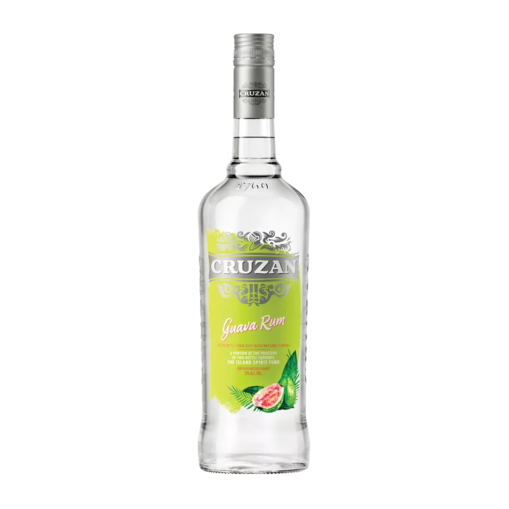 Cruzan Guava Rum in a clear glass bottle with a lime green label adorned with guava pieces.