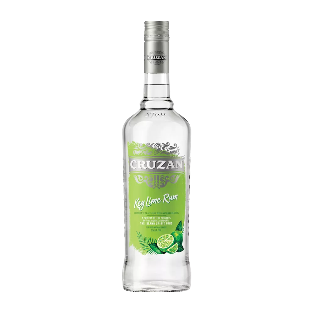 Clear glass bottle of Cruzan Key Lime Rum with a lime green label and decorated with limes.