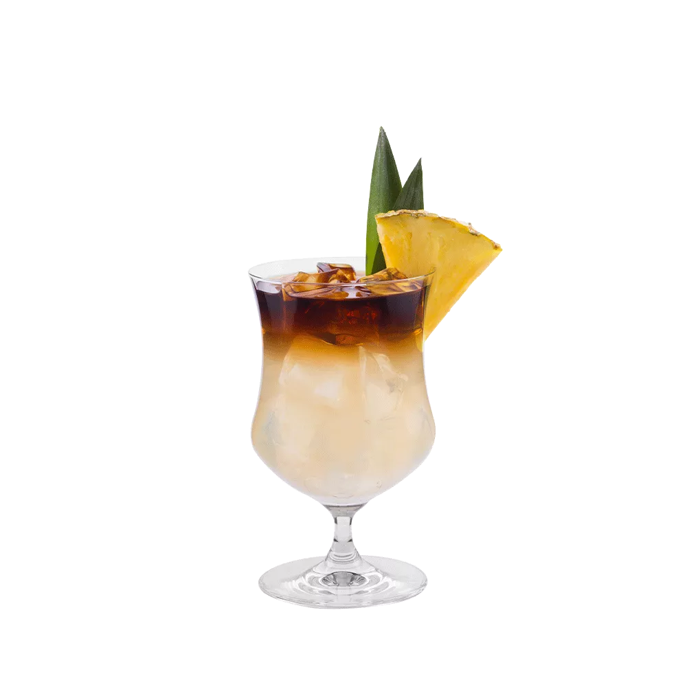 Cruzan® Black Strap Mai Tai drink in a clear cocktail glass garnished with a pineapple wedge.